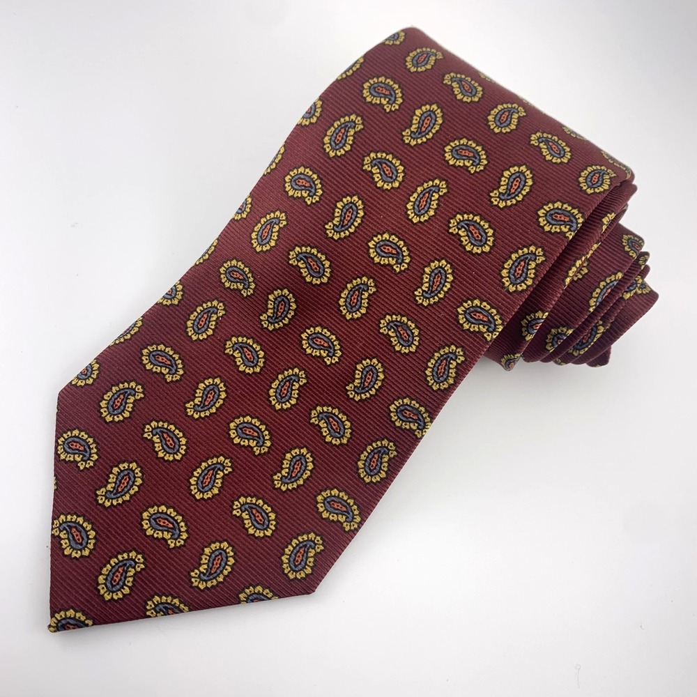 Paul Fredrick Mens Tie Burgundy‎ Yellow Green Paisley 100% Silk Repp Necktie